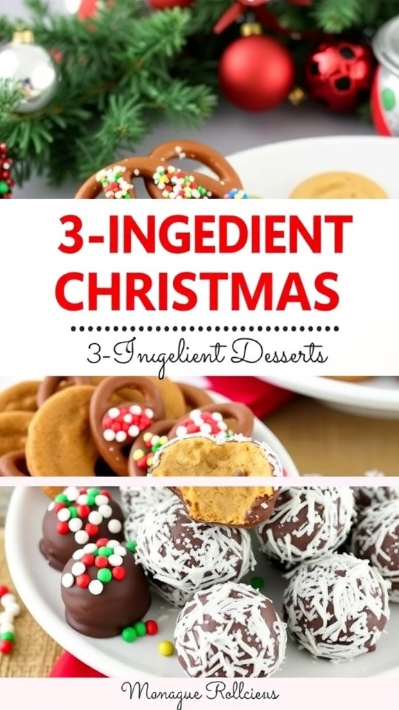 A variety of easy 3-ingredient Christmas desserts including chocolate-covered pretzels, peanut butter cookies, and fruit truffles.